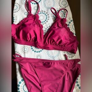 New large maroon,red ruffle, halter double strap top full coverage string bottom